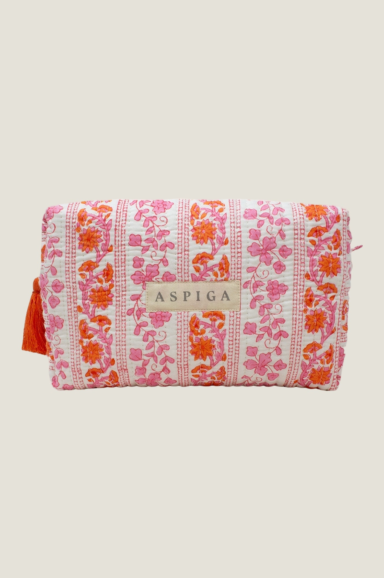 Large Block Print Wash Bag | Linear Botanical Orange/Pink