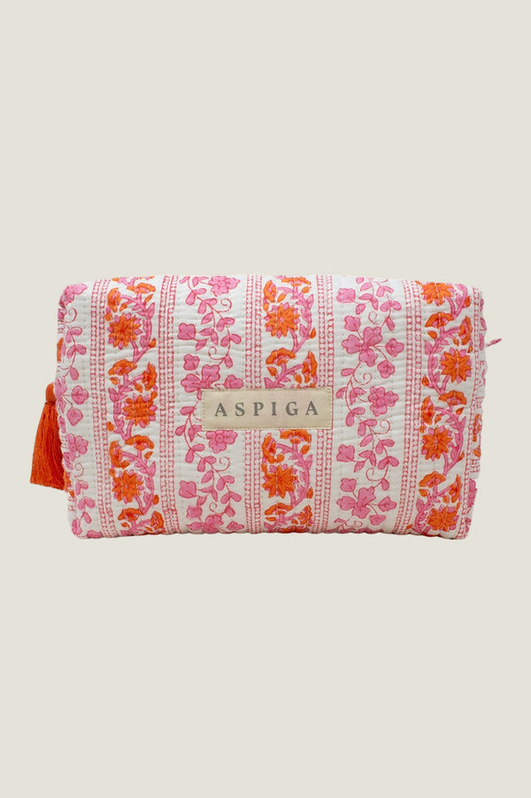 Large Block Print Wash Bag | Linear Botanical Orange/Pink