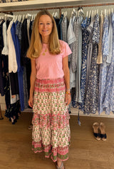 Tiered Block Print Midi Skirt | White/Green/Pink