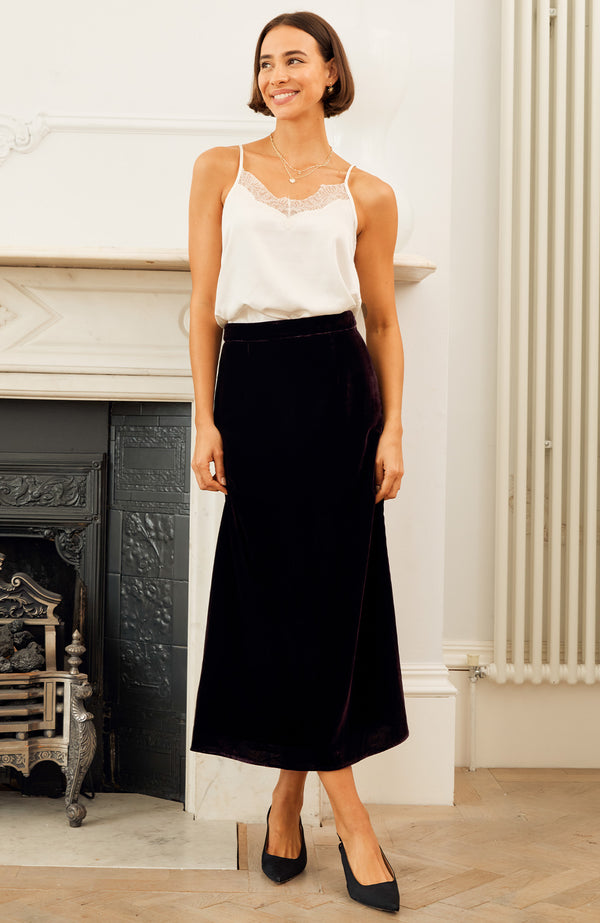 Velvet Midi Skirt | Aubergine