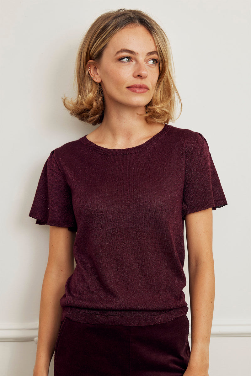Metallic Knit Angel Sleeve T-Shirt | Burgundy
