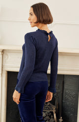 Metallic Knit Frill Neck Jumper | Navy