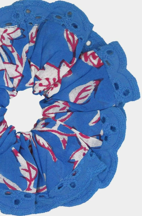 Lace Trim Scrunchie | Japanese Flower Marina Blue