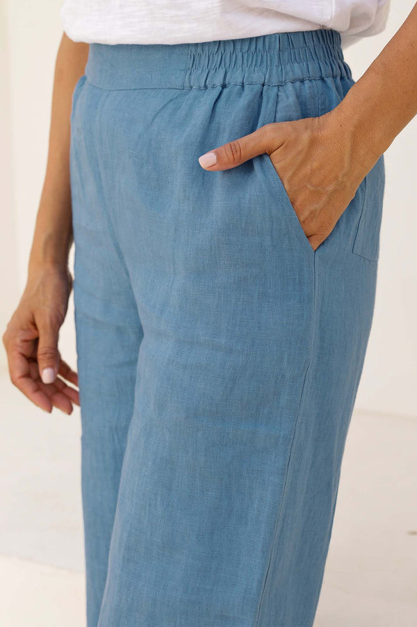 Wide Leg Linen Trousers | Blue/Grey