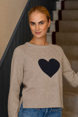 Cashmere Crew Neck Heart Jumper | Oat/Navy