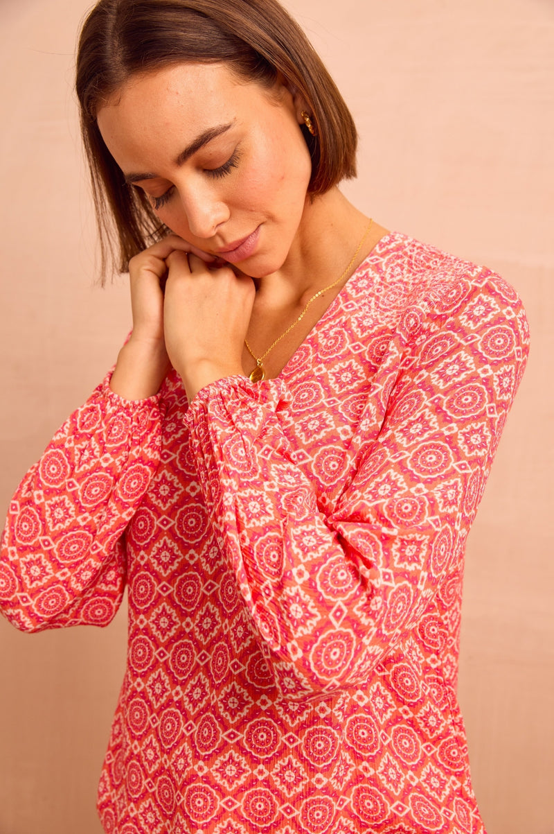 Clea Blouse | Flower Tile Orange/Pink