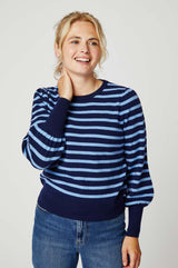 Striped Crew Neck Merino Jumper | Navy/Serene Blue