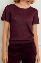 Metallic Knit Angel Sleeve T-Shirt | Burgundy