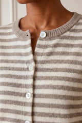 Close-up of the button and collar detail of the Aspiga Merino Wool Button Through Stripe Cardigan in Taupe/Cream