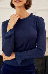Metallic Knit Frill Neck Jumper | Navy