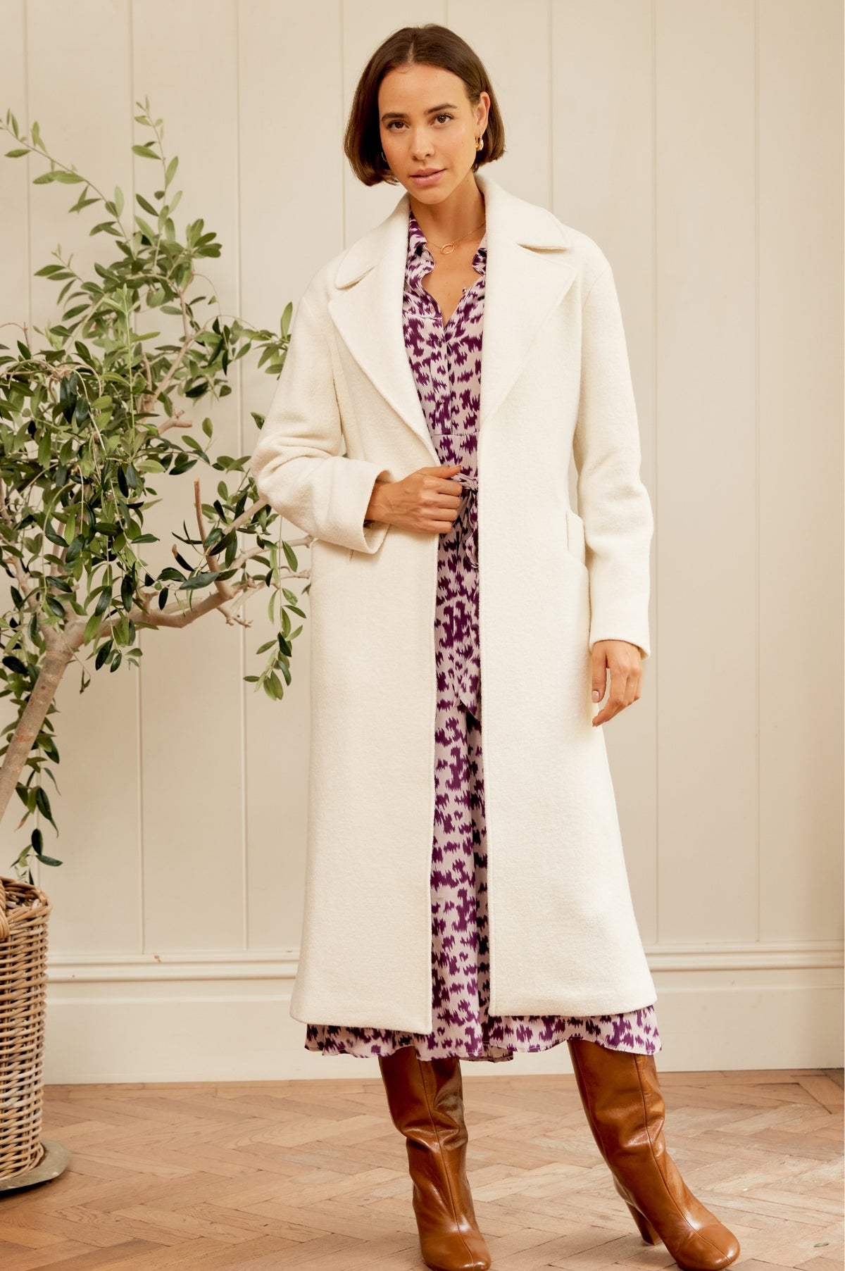 Aspiga Ladies Sustainable Wool Midi Coat Wrap Belt Detail Cream