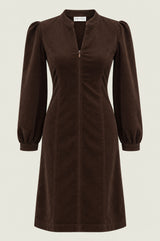 Stretch Corduroy Zip Front Short Dress | Chocolate
