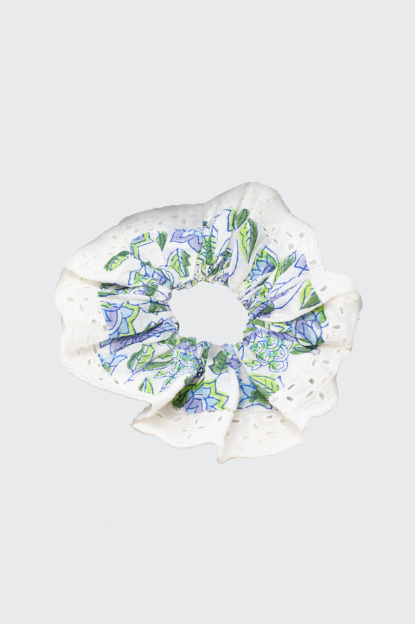 Block Print Lace Trim Scrunchie | Blue Green