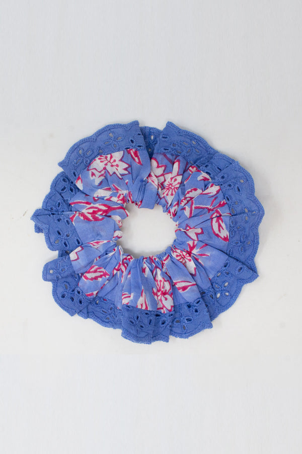 Block Print Lace Trim Scrunchie | Japanese Flower Marina Blue