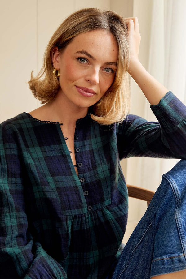 Checked Double Cloth Organic Cotton Blouse | Navy/Green