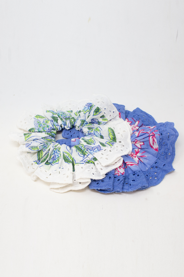 Block Print Lace Trim Scrunchie | Japanese Flower Marina Blue
