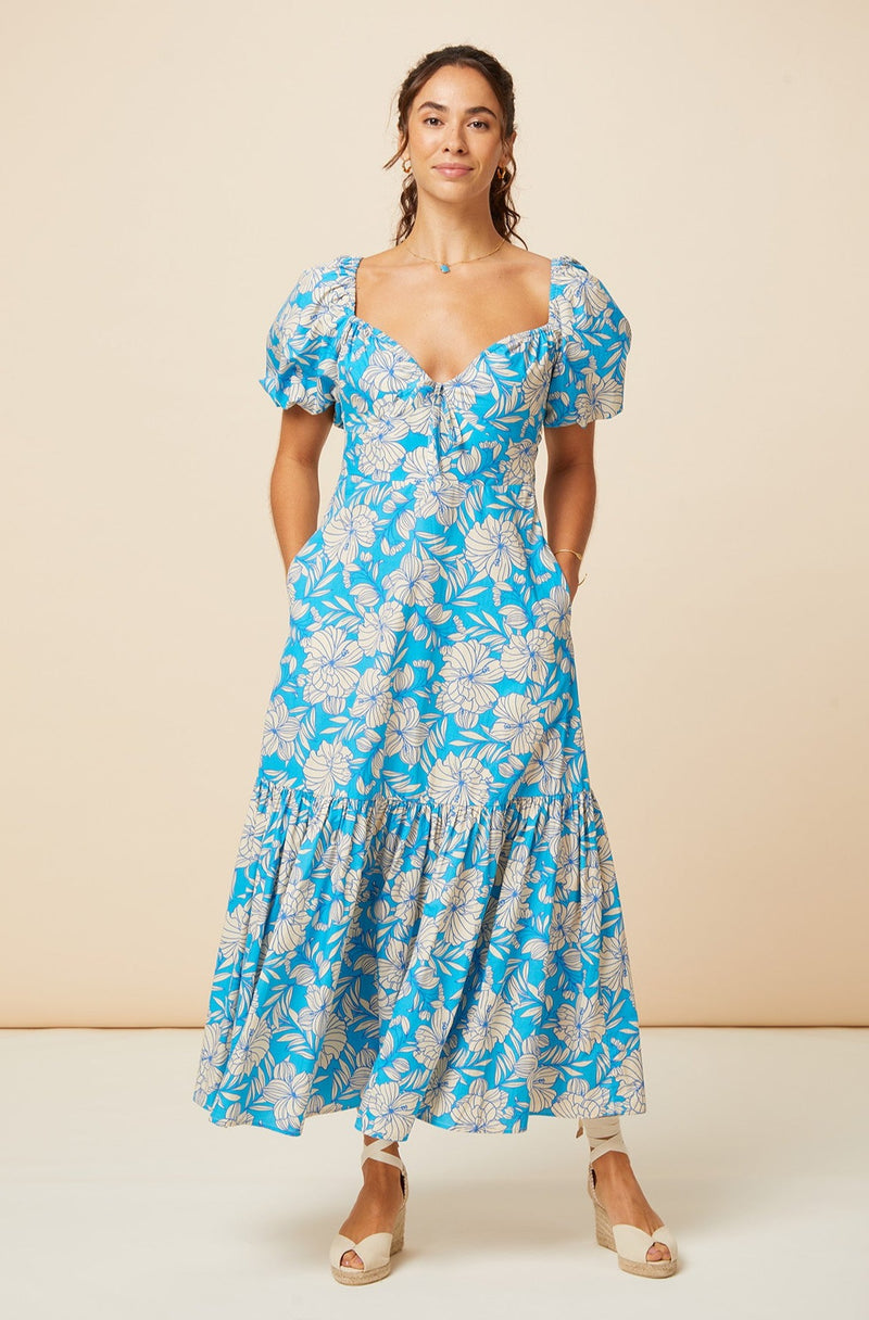 Zillah Dress | Lined Floral Turquoise/Cream