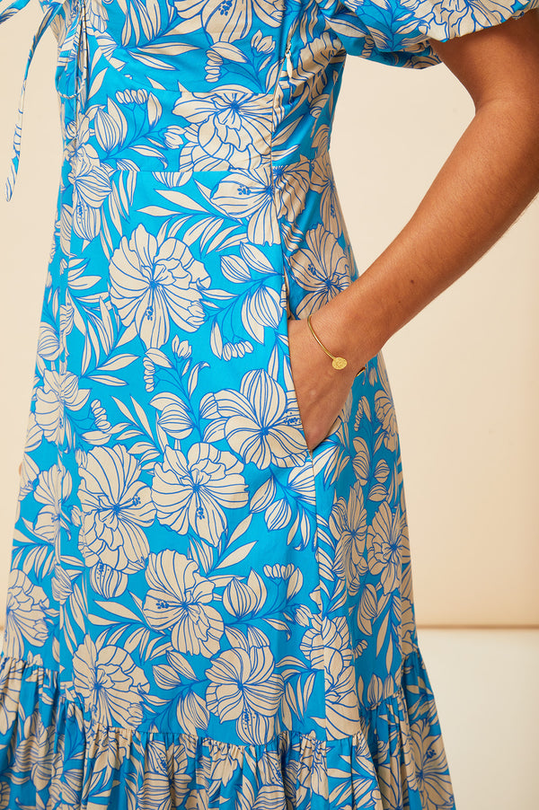 Zillah Dress | Lined Floral Turquoise/Cream