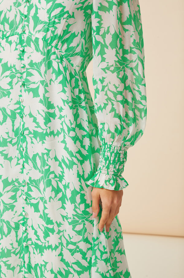 Long Sleeve Sally Anne Dress | Clematis Vines Mono Green