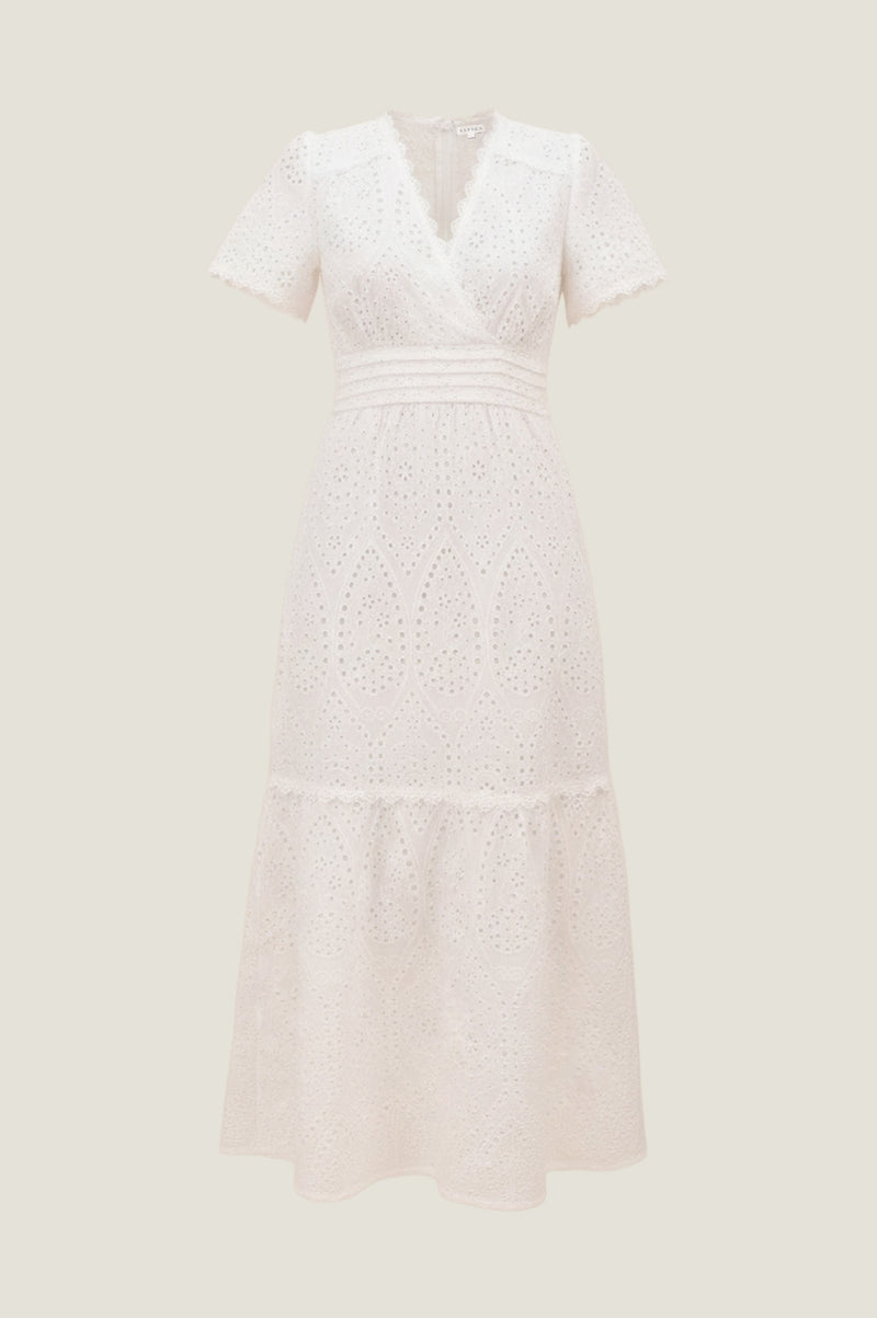 Aspiga Sustainable Womens Edie Broderie White Midi Weddings Guest Dress 100% Cotton