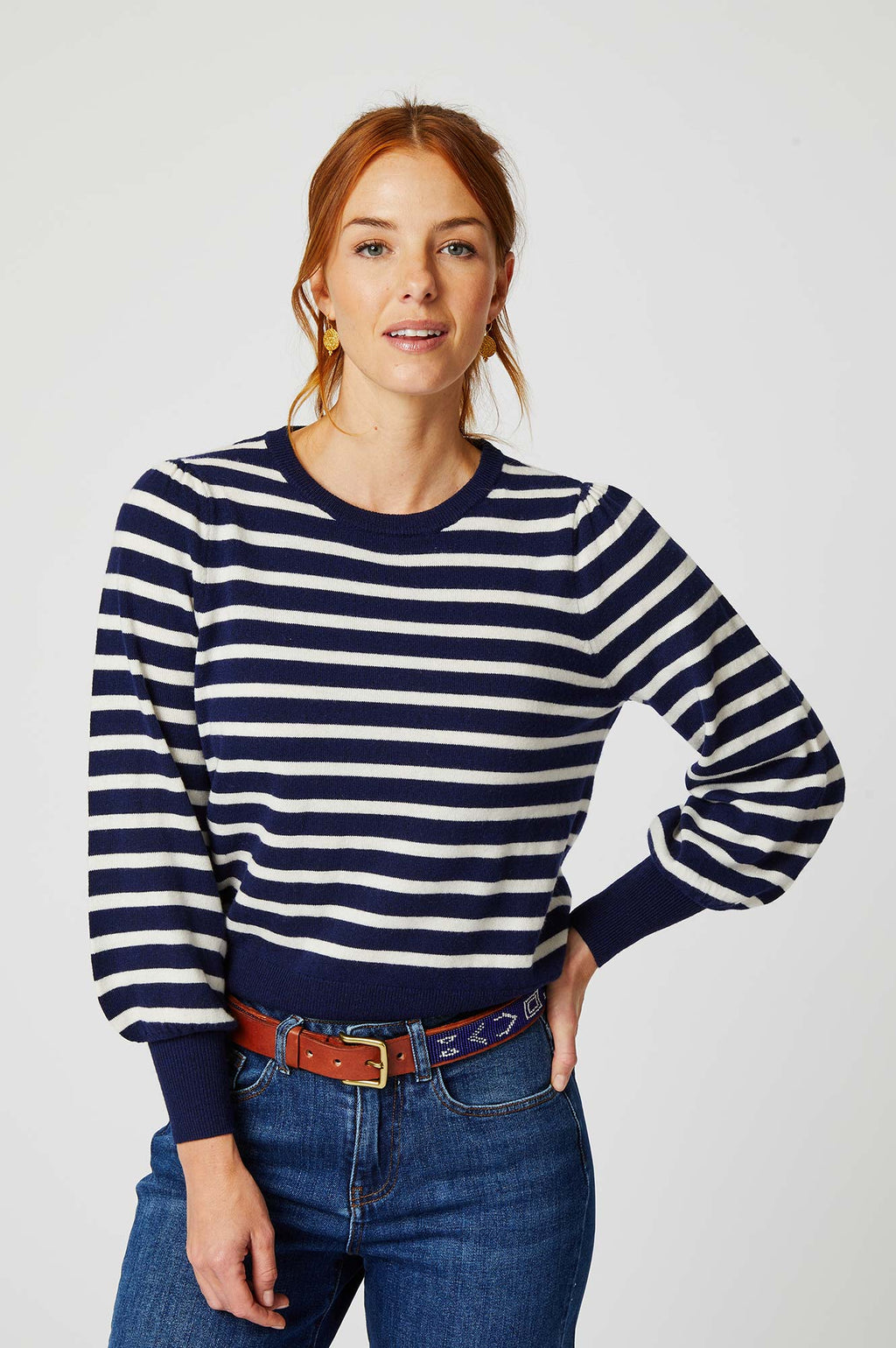 Aspiga Ladies Sustainable Merino Wool Striped Crew Neck Navy Cream Jumper