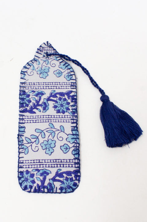 Block Printed Organic Cotton Quilted Bookmark | Linear Botanical Blue