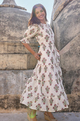 Cordelia Organic Cotton Block Print Dress | Antique Wildflower Cream/Red/Green