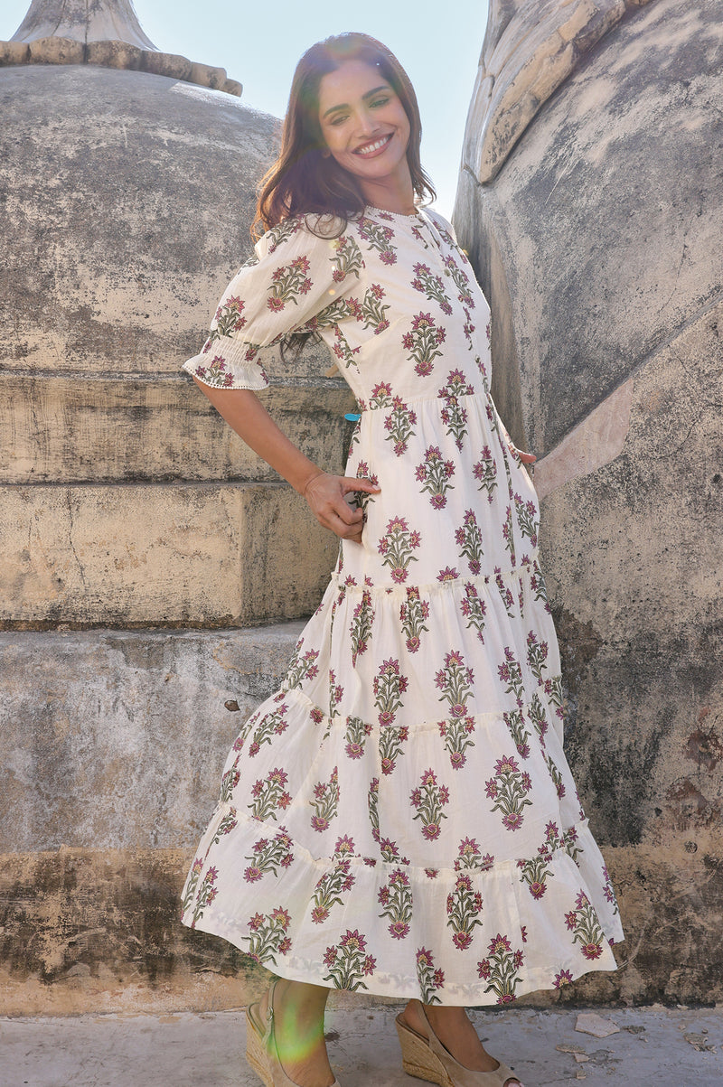 Cordelia Organic Cotton Block Print Dress | Antique Wildflower Cream/Red/Green