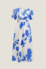 Elsa Printed Cotton Dress | Ivory/Cobalt