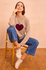 Cashmere Blend Hearts Crew Neck Jumper | Oat/Fig
