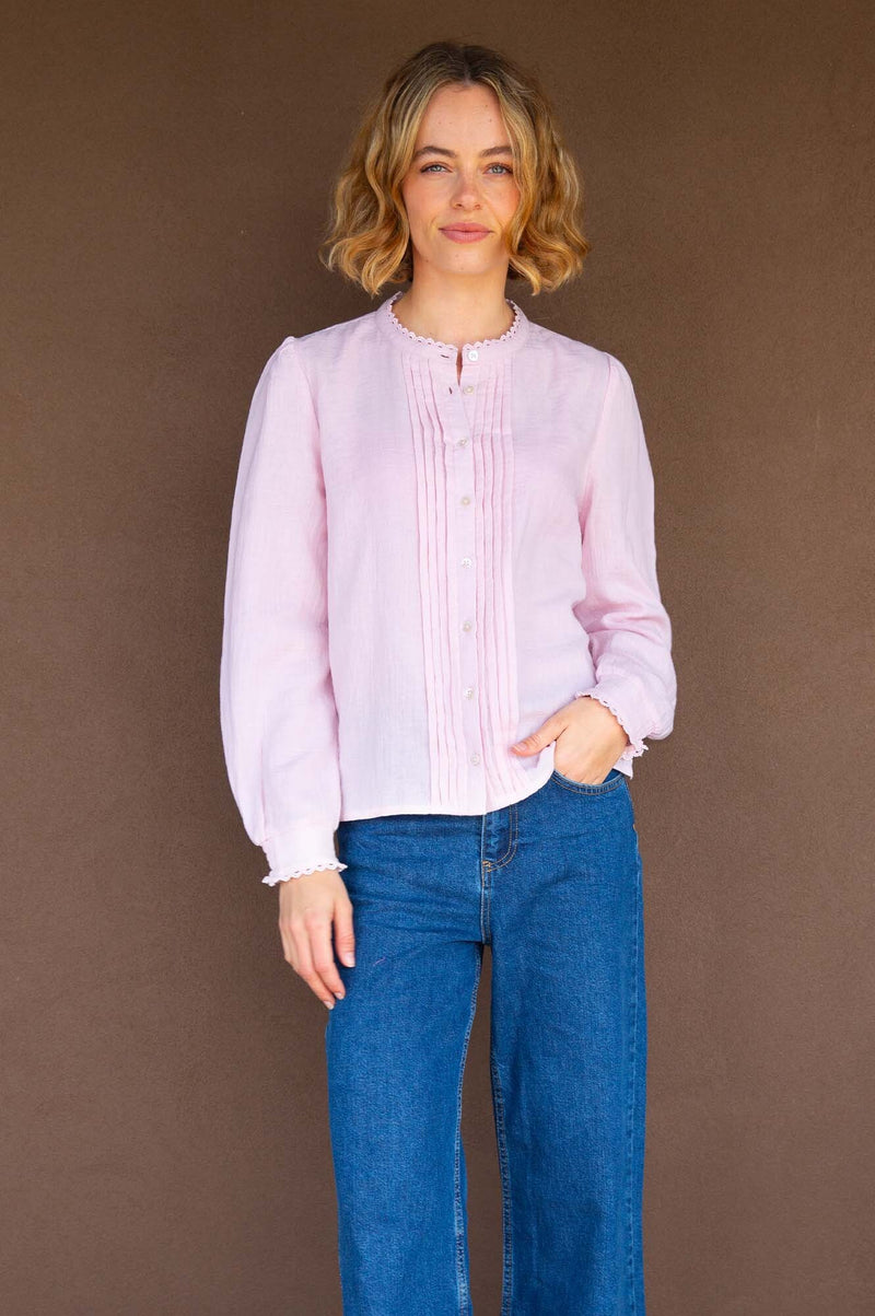 Holly Pin Tuck Organic Cotton Cheesecloth Long Sleeve Blouse | Blush Pink