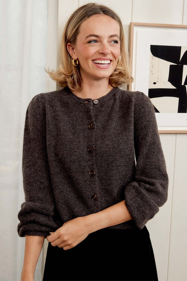 Alpaca Blend Puff Sleeve Cardigan | Chocolate