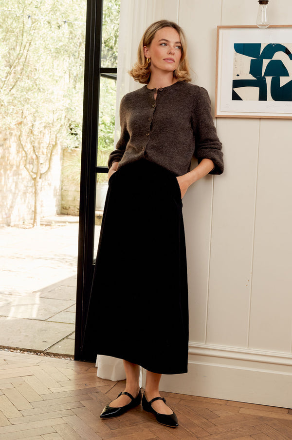 Alpaca Blend Puff Sleeve Cardigan | Chocolate
