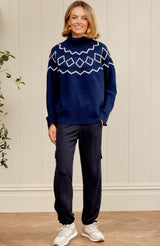 Cashmere Blend Geo Fairisle Roll Neck Jumper  | Navy/Cream