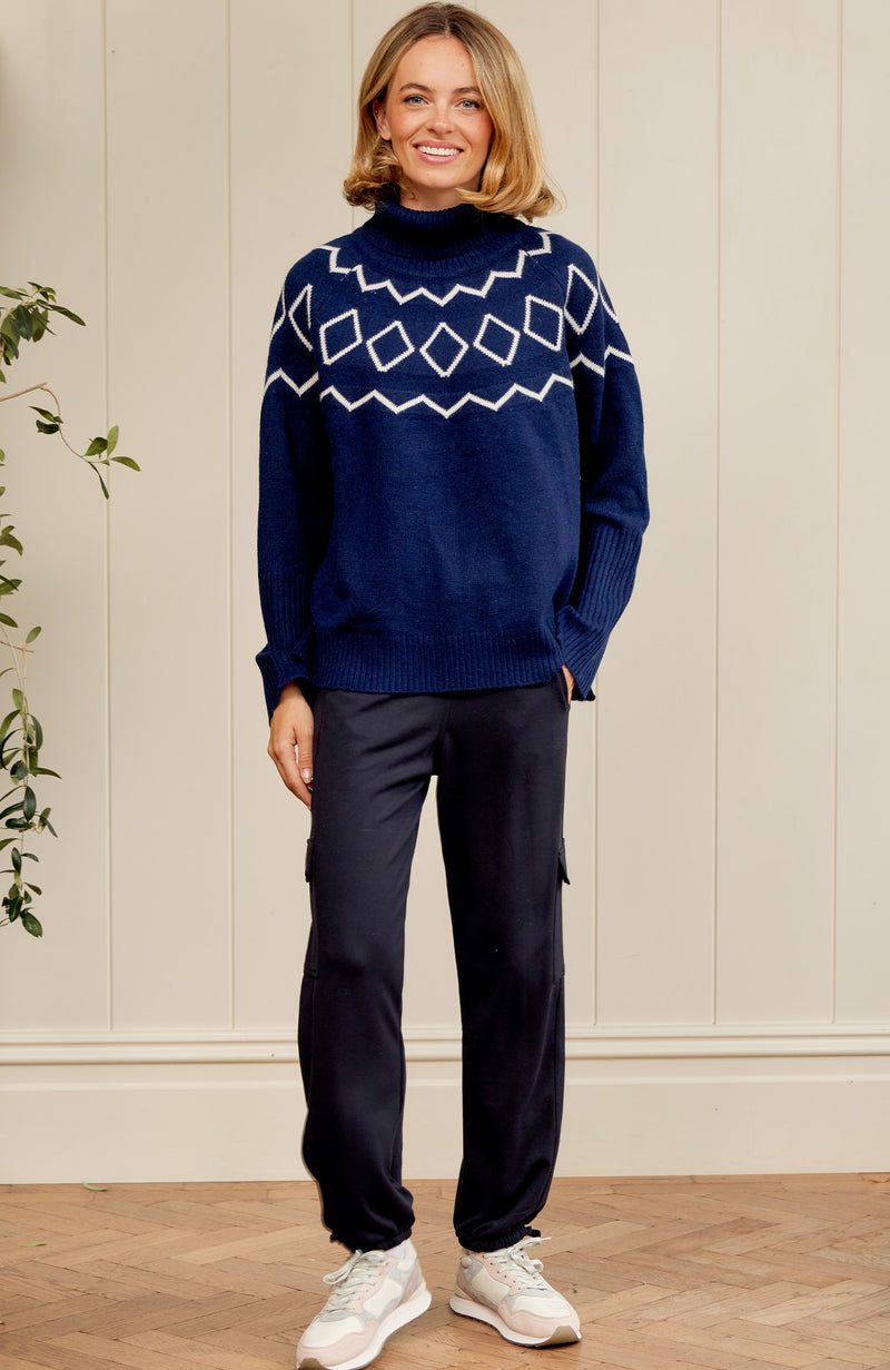 Cashmere Blend Geo Fairisle Roll Neck Jumper  | Navy/Cream