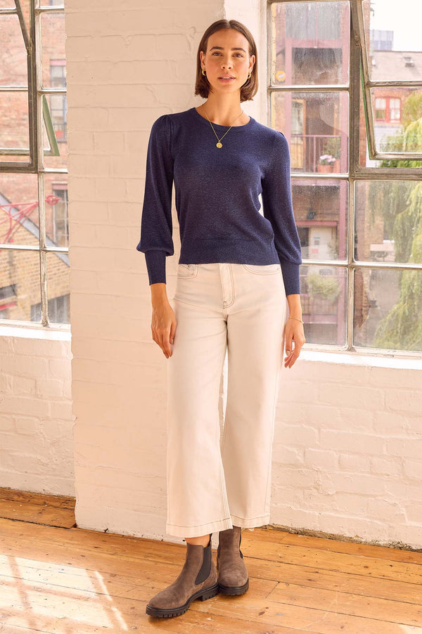 Metallic Knit Crew Neck Jumper | Navy