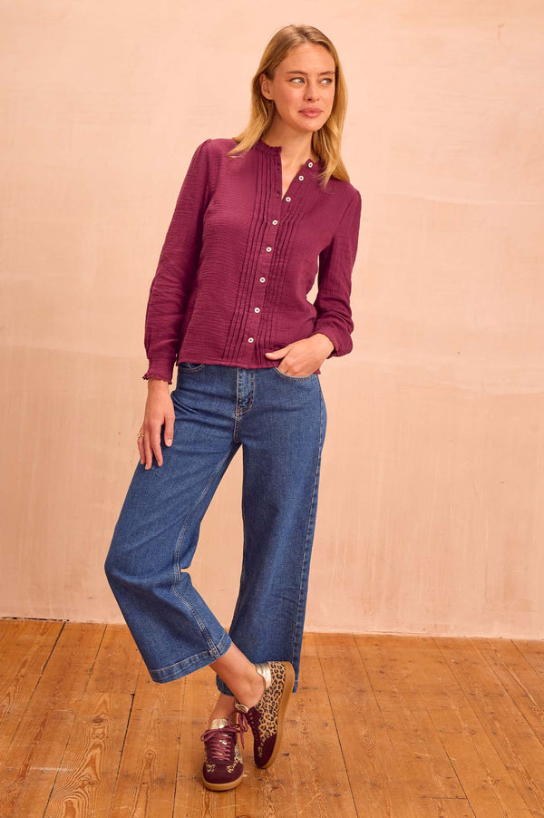 Holly Pin Tuck Organic Cotton Cheesecloth Long Sleeve Blouse | Berry