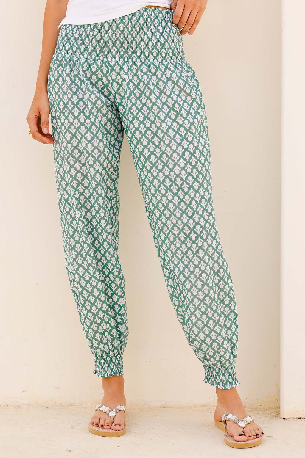 Harem Organic Cotton Trousers Flower Stamp Sage White