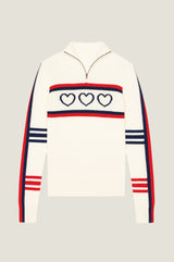 Merino Wool Stripe Hearts Quarter Zip | Cream/Red/Navy