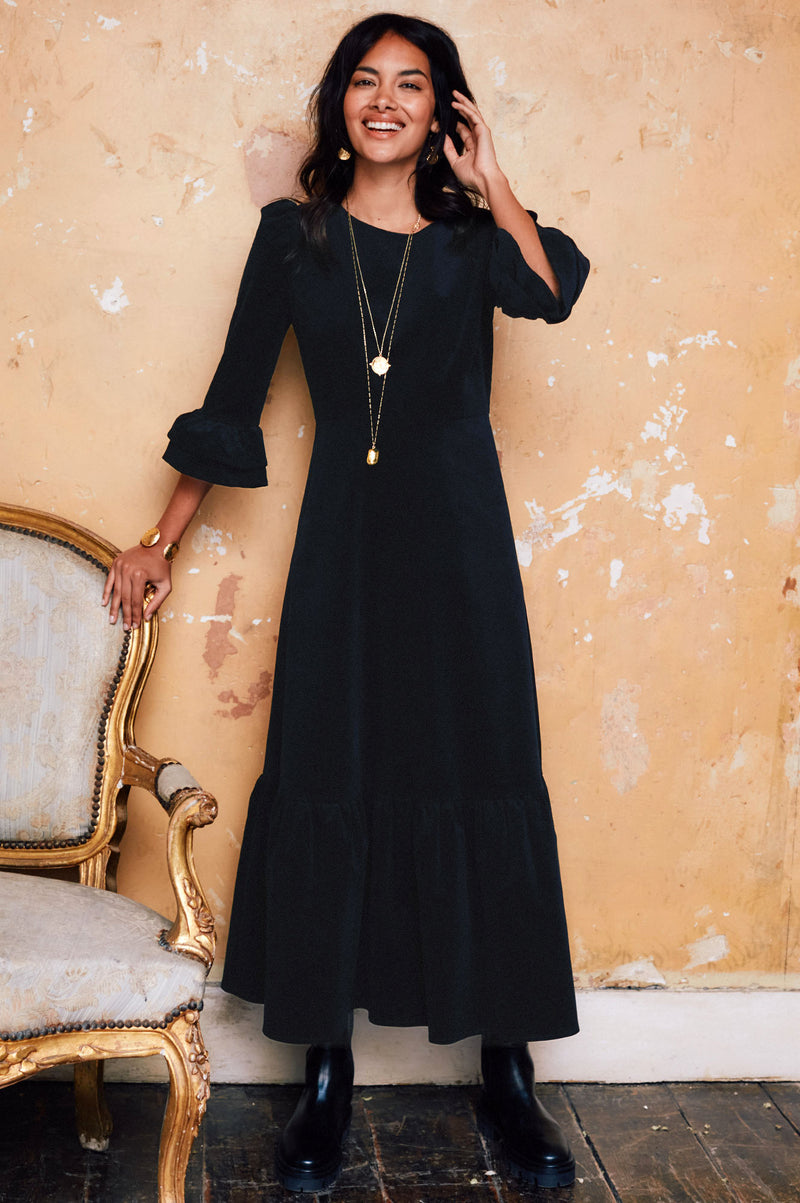 Aspiga Ladies Sustainable Victoria Round Neck 3/4 Sleeve Stretch Cotton Corduroy Winter Wedding Guest Evening Dress Dress Black Aspiga Ladies Sustainable Victoria Round Neck 3/4 Sleeve Stretch Cotton Corduroy Winter Wedding Guest Evening Dress Dress Black