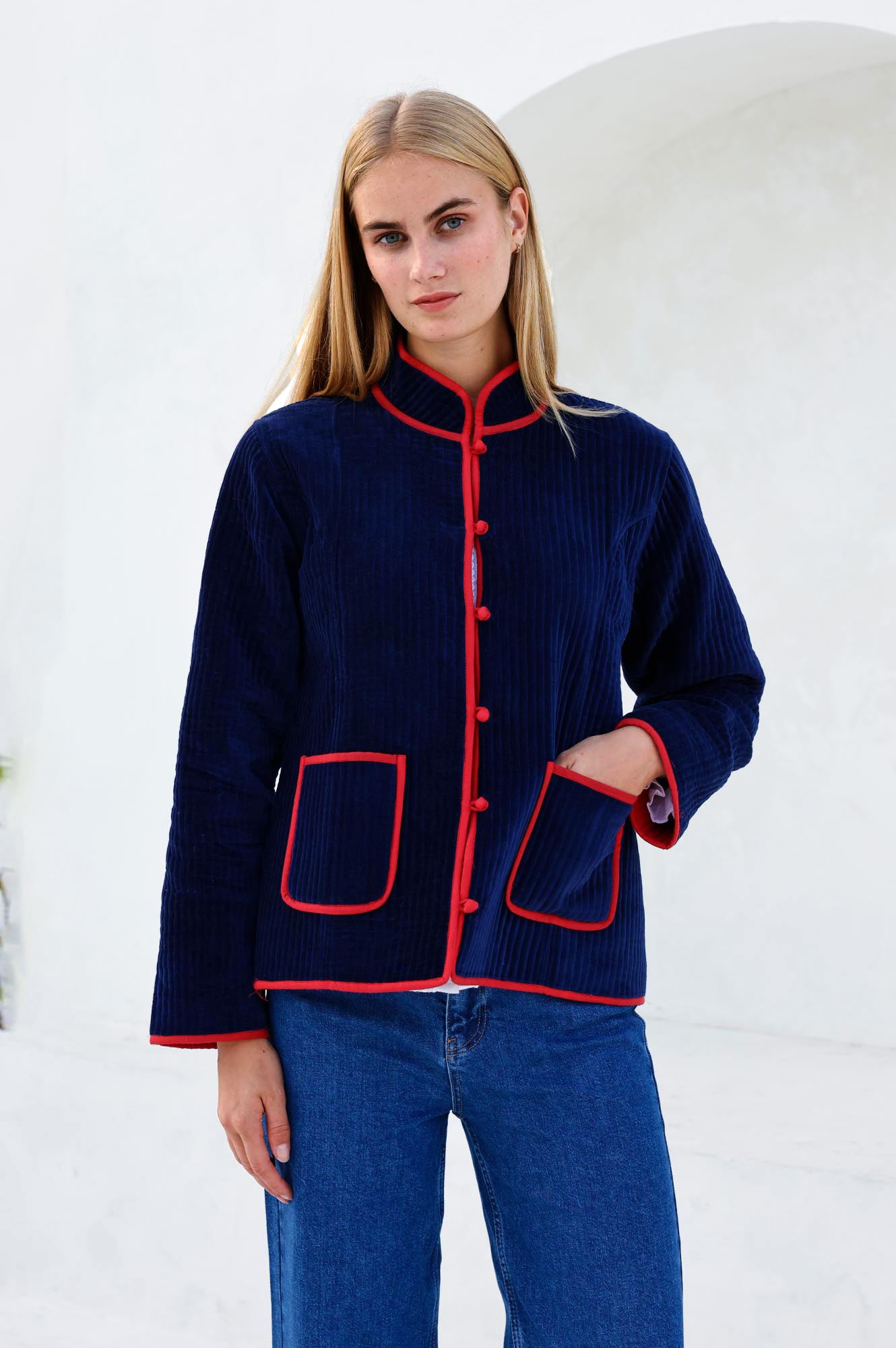 Velvet Quilted Jacket | Navy/Red