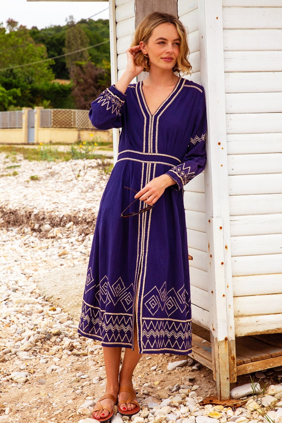 embroidered organza wedding dress Aspiga Women's Ladies Sustainable Jamila Embroidered Dress Organic Cotton Summer Holiday Beach Cover Up - Purple