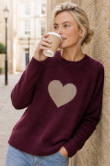 Cashmere Crew Neck Heart Jumper | Burgundy/Oat