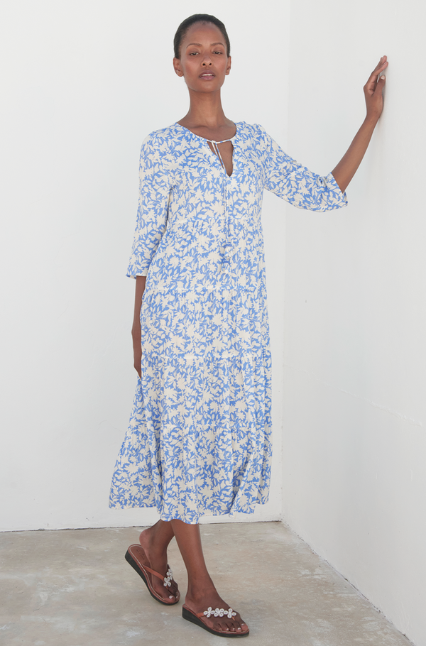 Emma EcoVero™ Midi Dress | Clematis Vines Mono Pale Blue/White