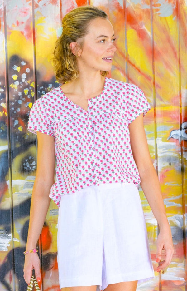 Lisbon Printed Cotton Shirt | Fun Flower White/Pink
