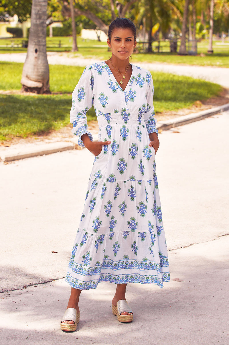 Billie Block Print Dress | White/Blue