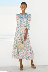 Victoria Round Neck Printed Cotton Sateen Dress | Pink/Blue