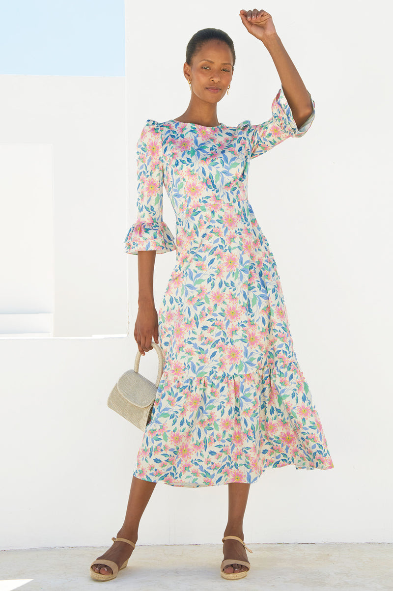 Victoria Round Neck Printed Cotton Sateen Dress | Pink/Blue