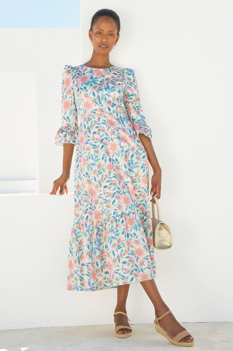 Victoria Round Neck Printed Cotton Sateen Dress | Pink/Blue