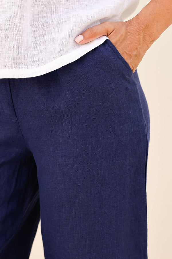 Wide Leg Linen Cropped Trousers | Navy